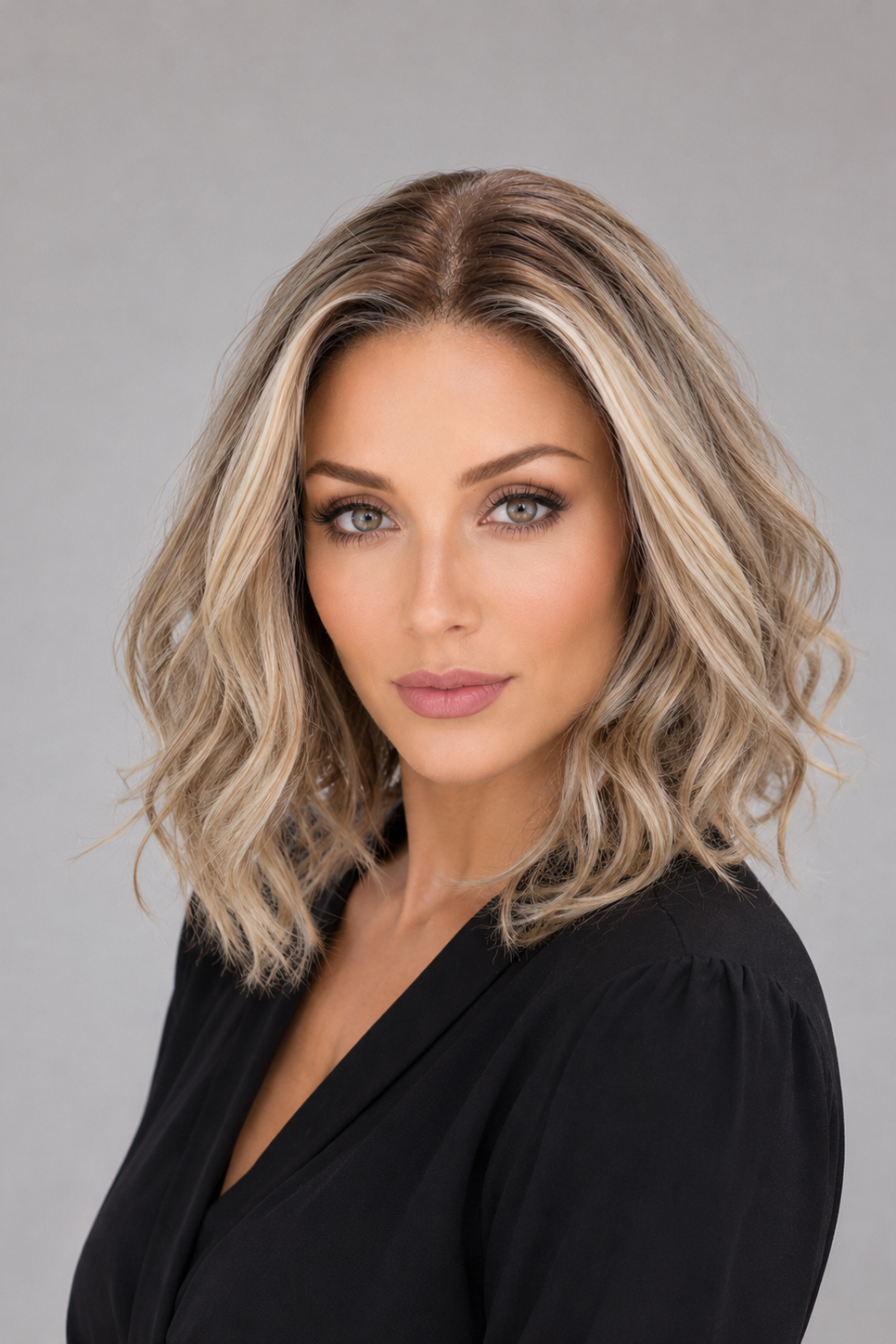 A woman wearing Brielle synthetic wig by PUSH in color Champagne Rooted - a shoulder-length, wavy blonde wig with darker roots, wearing a black top against a solid gray background - front view