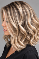 A woman wearing Brielle synthetic wig by PUSH in color Champagne Rooted - a shoulder-length, wavy blonde wig with darker roots, wearing a black top against a solid gray background - left side view.