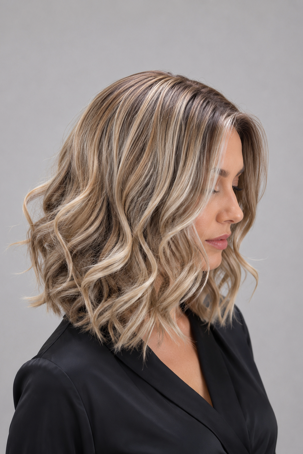 A woman wearing Brielle synthetic wig by PUSH in color Champagne Rooted - a shoulder-length, wavy blonde wig with darker roots, wearing a black top against a solid gray background - Right side view.