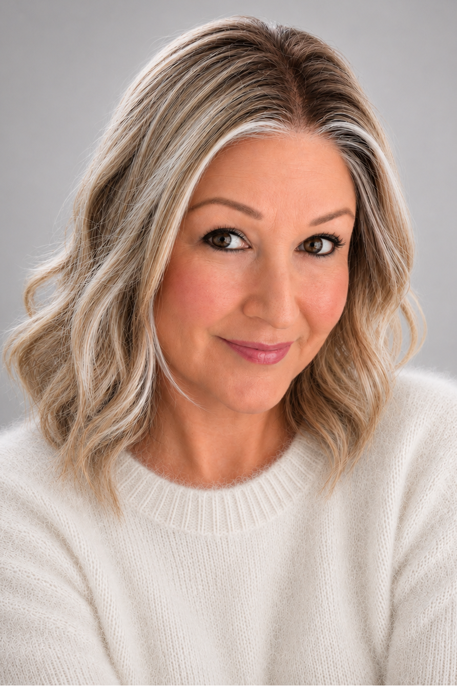 A woman wearing Brielle synthetic wig by PUSH Hair, a shoulder-length blonde-highlighted wavy wig, and a soft cream knit sweater, photographed against a plain light gray studio background.