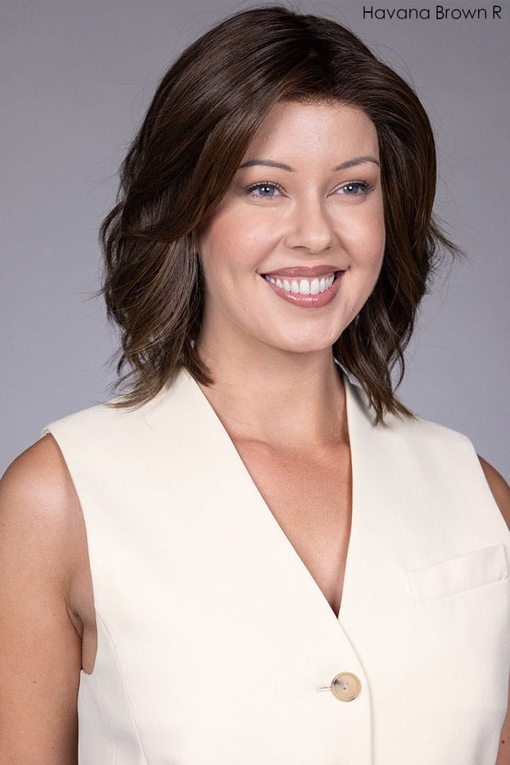 Model is wearing Cyrus wig by Belle Tress in Havana Brown R Front 1