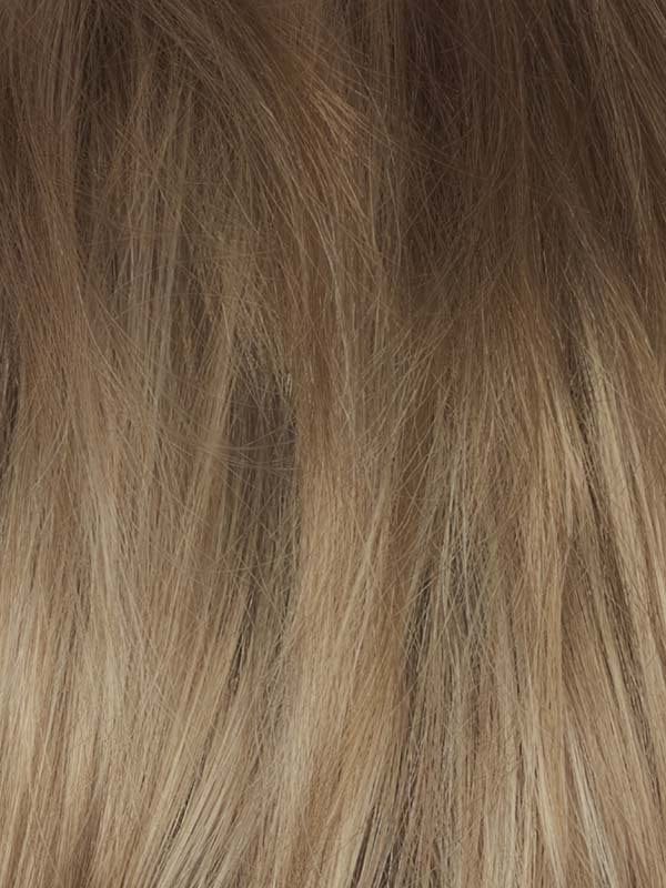 Champagne Sunset | A rich blend of dark and medium blonde with honey, ash, and gold tones. Chocolate brown roots add depth for a luxe, sun-kissed finish.