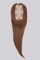 Jon Renau easiTop Lite 14-inch brown Remy human hair topper with a monofilament base and secure pressure-sensitive clips.