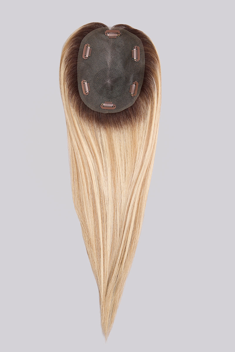 Jon Renau easiTop Lite Petite 14-inch human hair topper with a monofilament base and blonde rooted color.