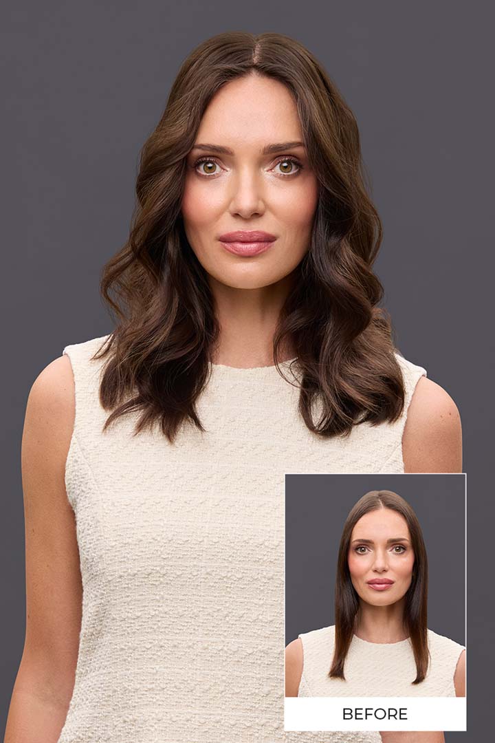 Model wearing 14-inch brown Remy human hair topper with a natural part, shown with a before-and-after comparison.