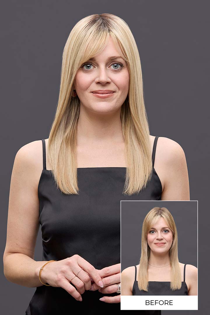 Blonde 14-inch Remy human hair topper on a model, showing before and after for natural volume and coverage.