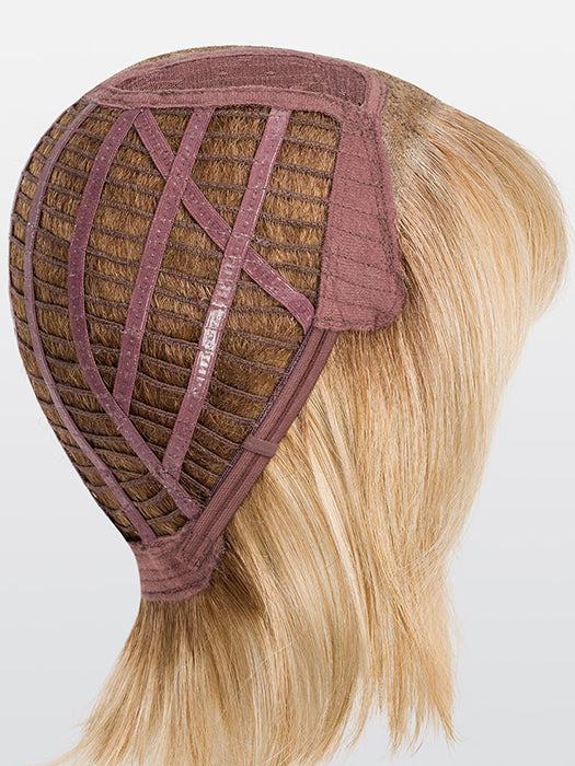 Interior view of Elle Mono wig cap showing monofilament top, lace front, and wefted back with blonde wavy hair.