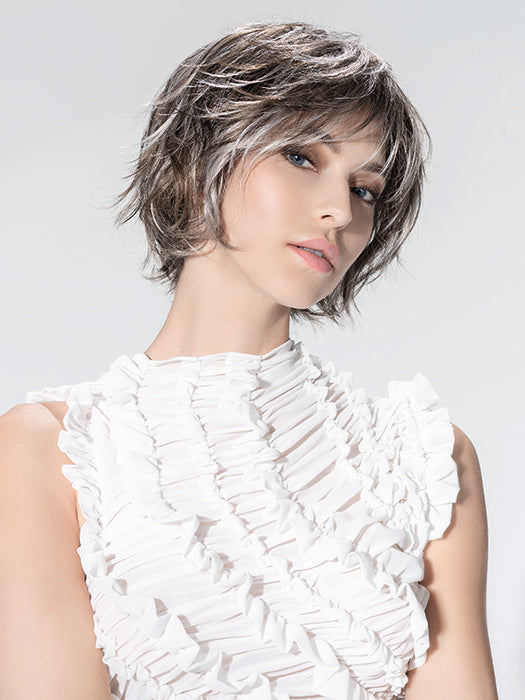 Woman wearing Escape Soft wig by Ellen Wille in Smoke Frosted | Side