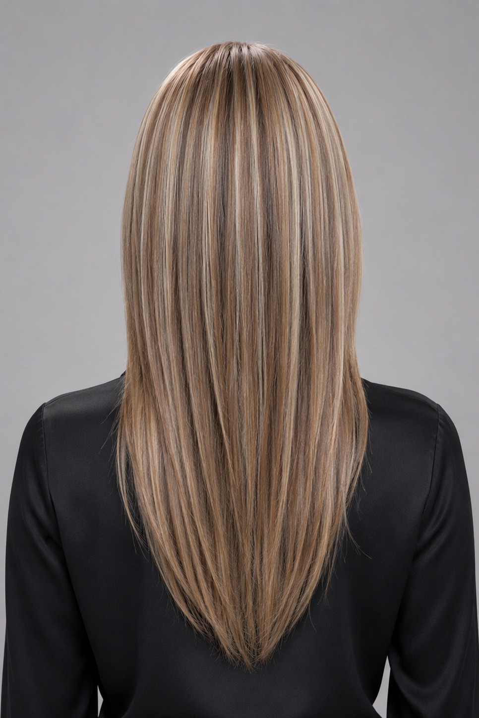 Woman wearing Evangeline heat friendly synthetic long wig in color cashmere bronde and a button down black blouse against a light grey background. Back view.