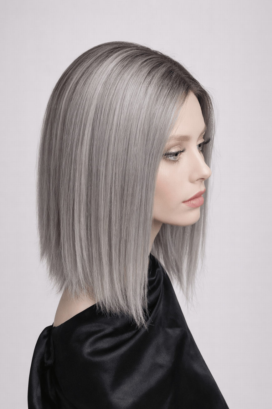 Woman with silver hair styled in a bob against a plain background