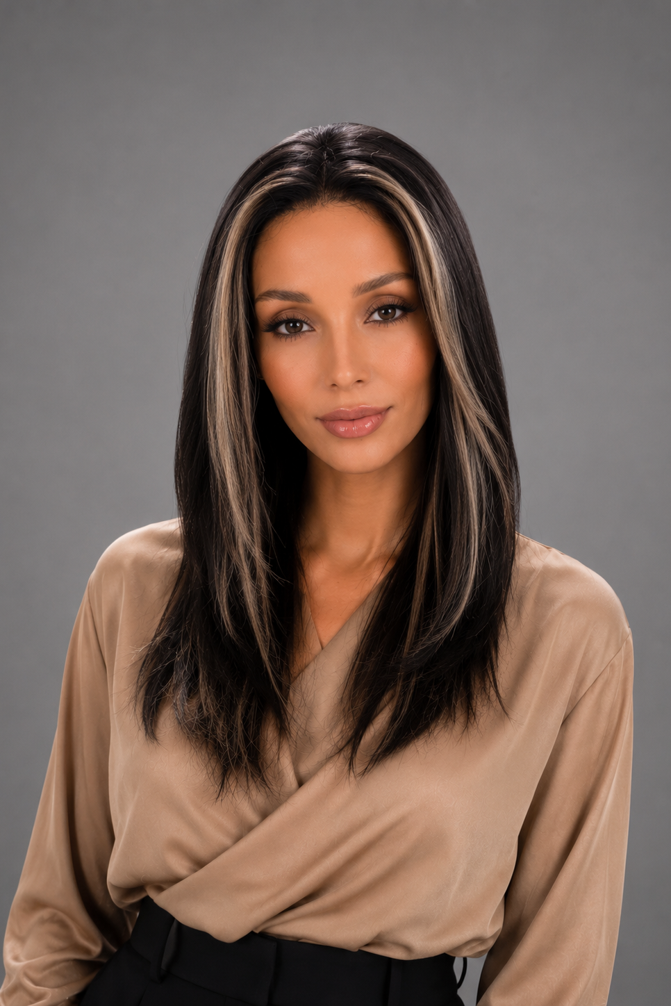 Woman wearing Gisele Human Hair Wig by PUSH in color Étoile Nocturne, a deep and rich off black base with chunky blonde highlights throughout and a tan blouse against a light grey background. Front view.