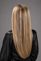 Gisele Human Hair Wig by PUSH in color Jolie | A base of rich brown, complemented by highlights of light brown and chunky medium natural-ash blonde highlights. Back view.