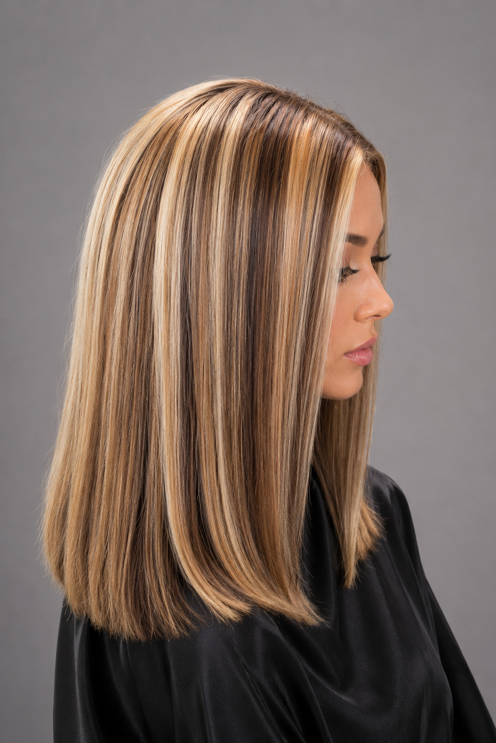 Gisele Human Hair Wig by PUSH in color Jolie | A base of rich brown, complemented by highlights of light brown and chunky medium natural-ash blonde highlights. Right side view.
