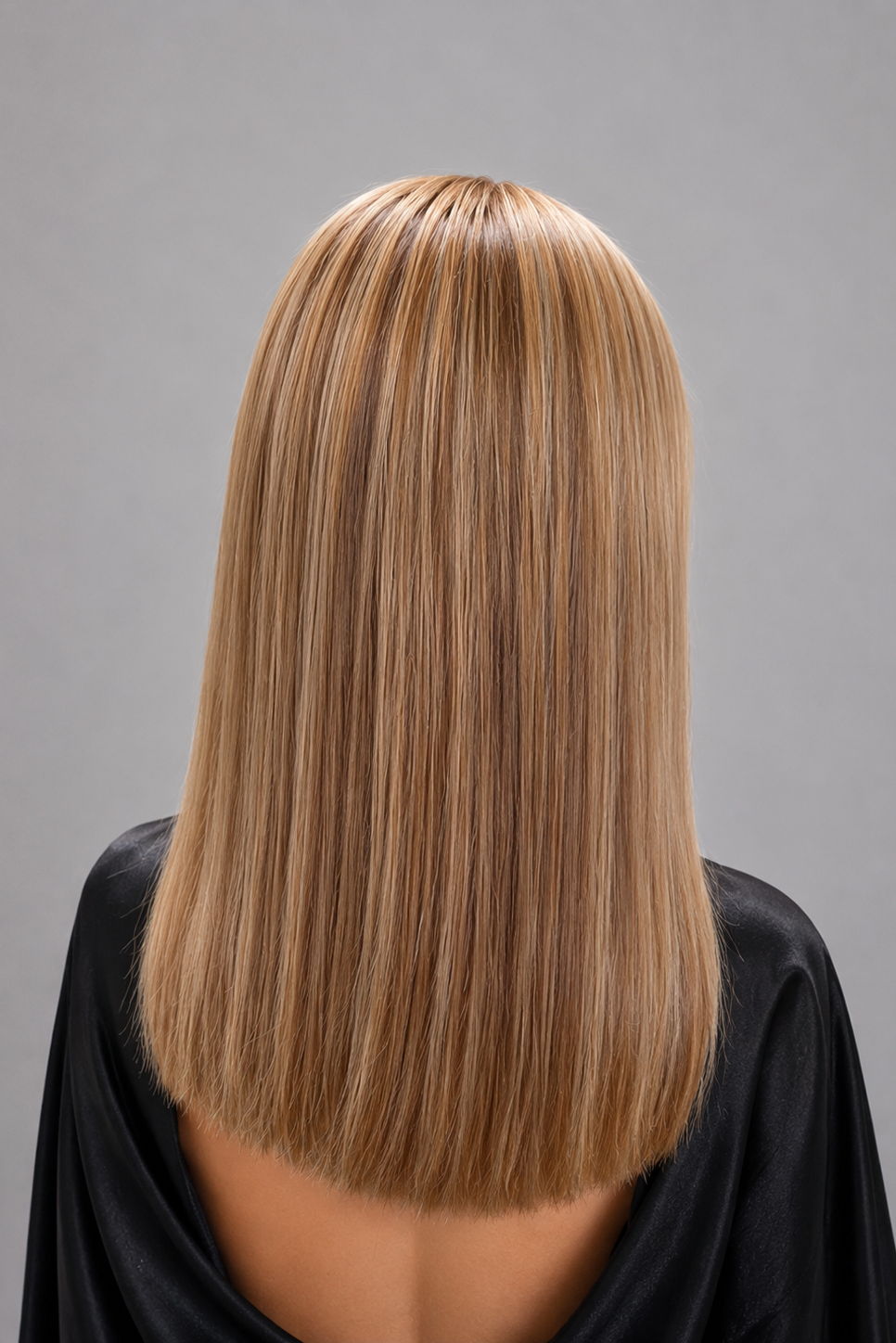 Woman wearing Jacey human hair wig by PUSH in color Blond Caramel - Back view.