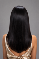 Woman wearing Jacey human hair wig by PUSH in color Noir - Back view.