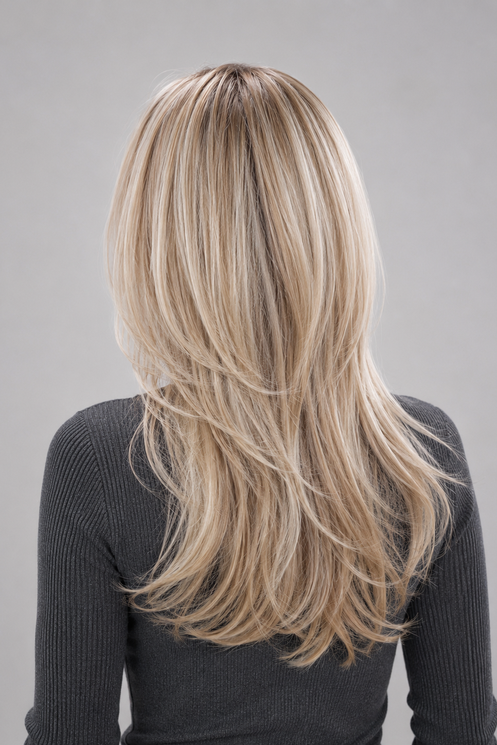 Woman wearing Olivia long, wavy, synthetic wig by PUSH in color pearl silk rooted with a long sleeve charcoal sweater against a light grey background - back view.