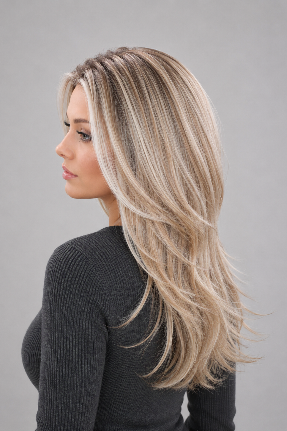 Woman wearing Olivia long, wavy, synthetic wig by PUSH in color pearl silk rooted with a long sleeve charcoal sweater against a light grey background - left side view.