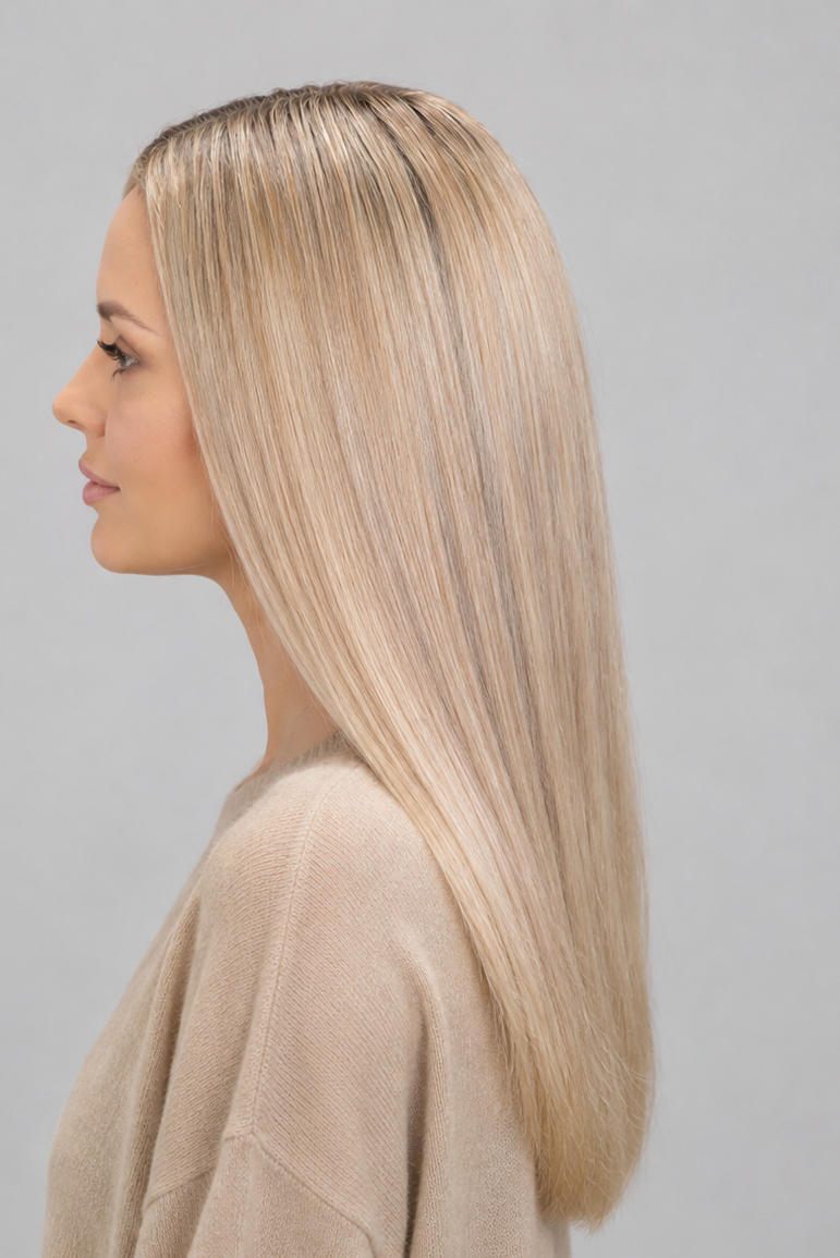 Light Champagne Crème Rooted | Light Ash Blonde with Natural Blonde Highlights and White Blonde Tips, Shaded with Dark Natural Ash Blonde