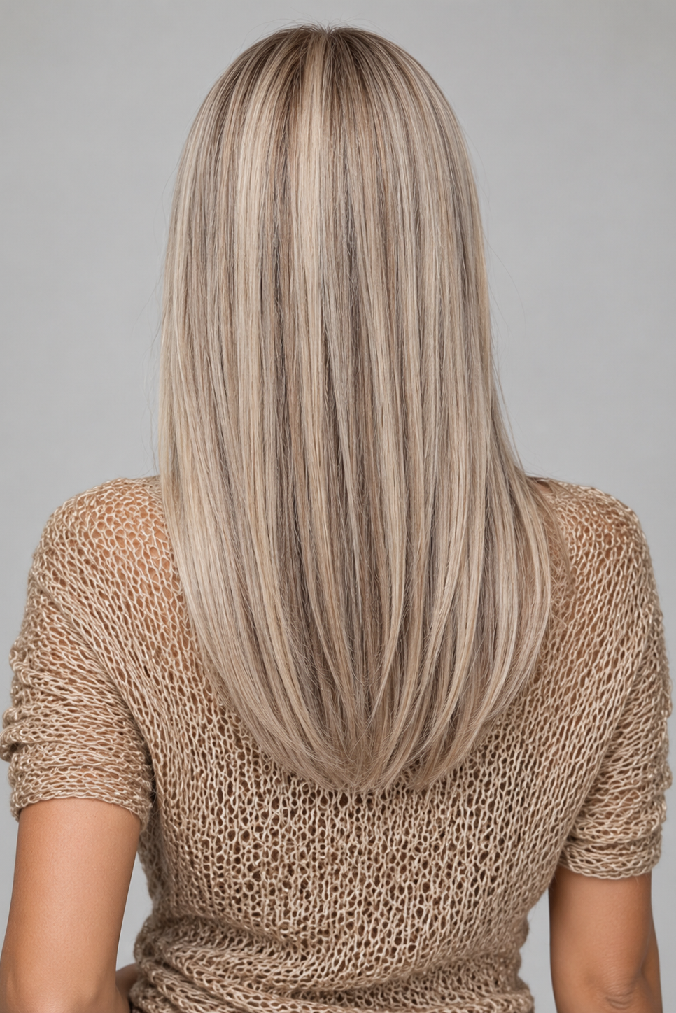 A woman wearing a cross over tan top with necklace and Remmie Human Hair Wig by PUSH Hair against a light grey background - back view