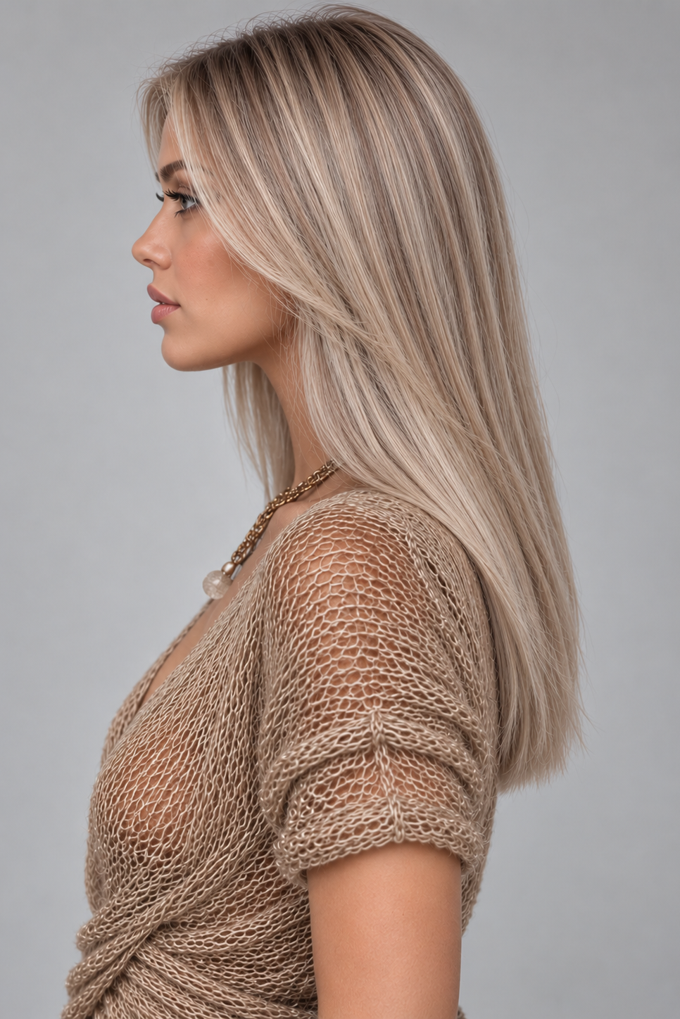 A woman wearing a cross over tan top with necklace and Remmie Human Hair Wig by PUSH Hair against a light grey background - left side view.