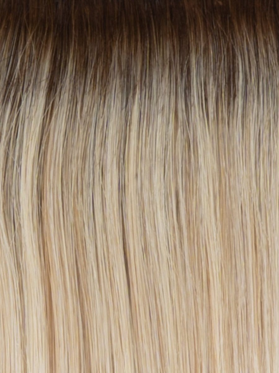 RH14/88SS | Shaded Golden Wheat | A rooted light blonde / light brown shade built around golden wheat. The darker root gives the color extra depth while the lengths show the lighter blended tones.