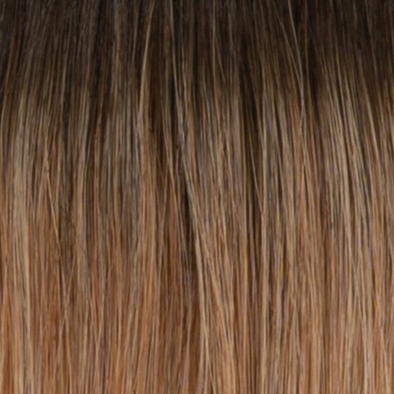 RH25/27SS | Shaded Butterscotch | A rooted medium brown / brunette shade built around butterscotch. The darker root gives the color extra depth while the lengths show the lighter blended tones.