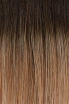 RH25/27SS | Shaded Butterscotch | A rooted medium brown / brunette shade built around butterscotch. The darker root gives the color extra depth while the lengths show the lighter blended tones.