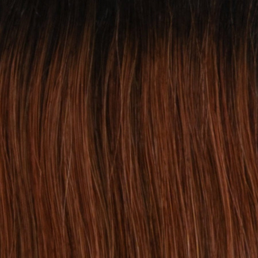 RH32/31SS | Shaded Cinnabar | A rooted medium-dark red / copper / auburn shade built around cinnabar. The darker root gives the color extra depth while the lengths show the lighter blended tones.