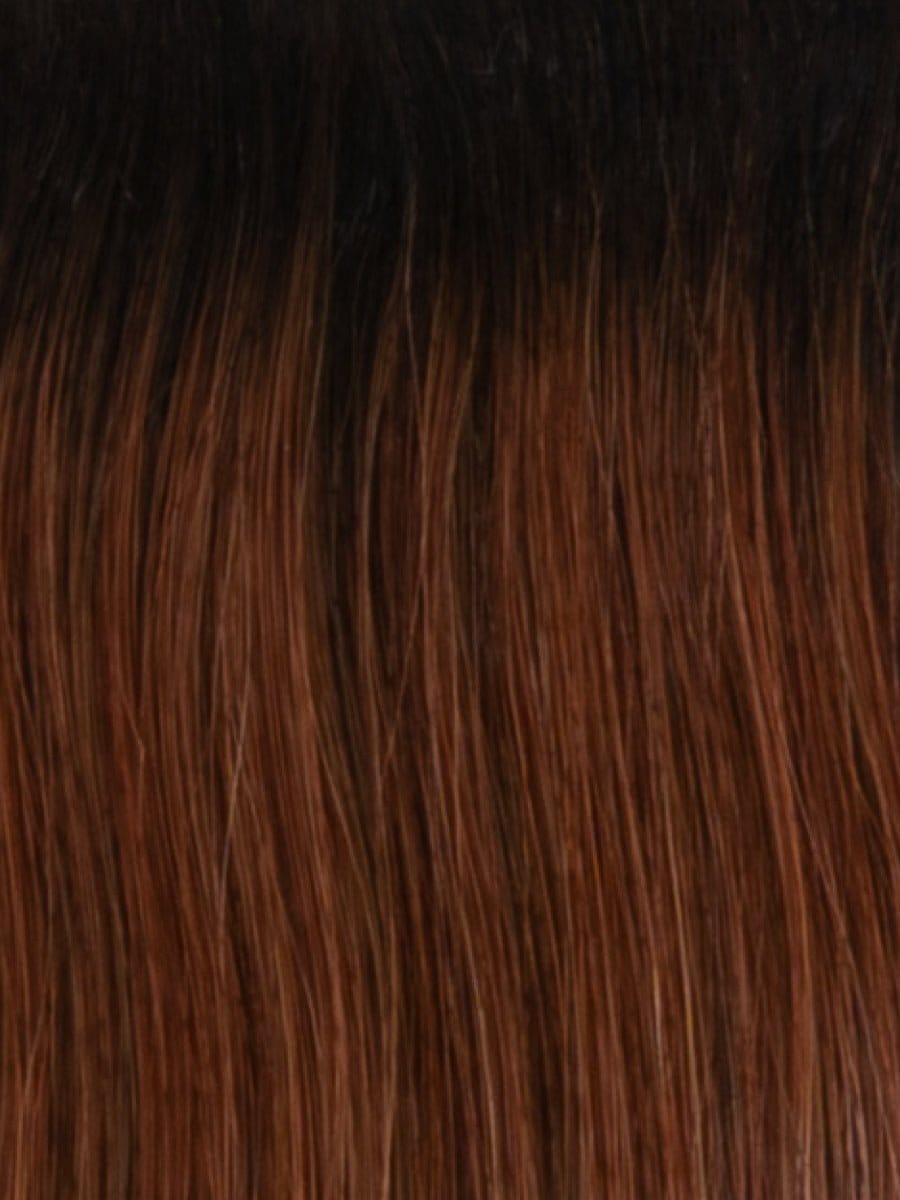 RH32/31SS | Shaded Cinnabar | A rooted medium-dark red / copper / auburn shade built around cinnabar. The darker root gives the color extra depth while the lengths show the lighter blended tones.