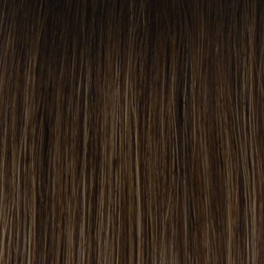 RH8/12SS | Shaded Mocha | A rooted medium brown / brunette shade built around mocha. The darker root gives the color extra depth while the lengths show the lighter blended tones.