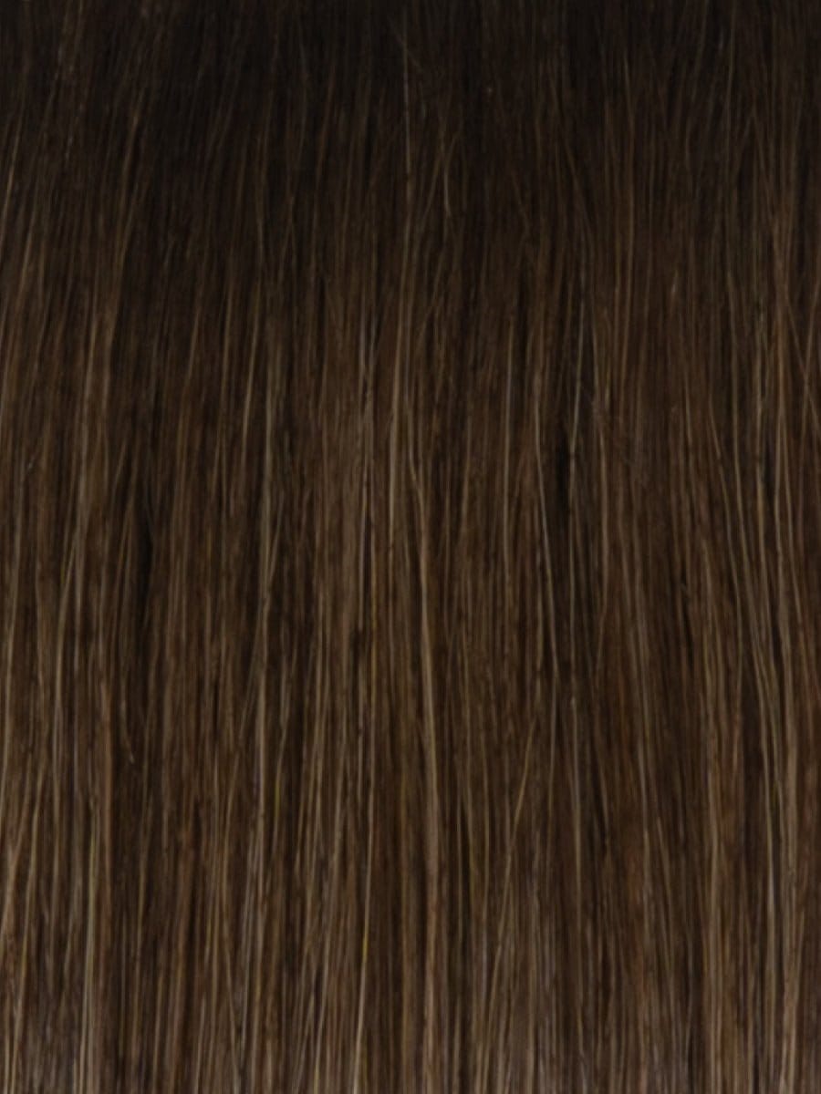 RH8/12SS | Shaded Mocha | A rooted medium brown / brunette shade built around mocha. The darker root gives the color extra depth while the lengths show the lighter blended tones.