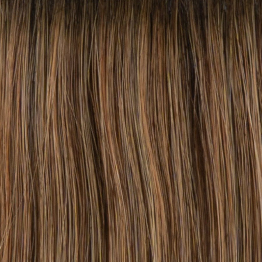 RH8/29SS | Shaded Hazelnut | A rooted medium-dark brown / brunette shade built around hazelnut. The darker root gives the color extra depth while the lengths show the lighter blended tones.