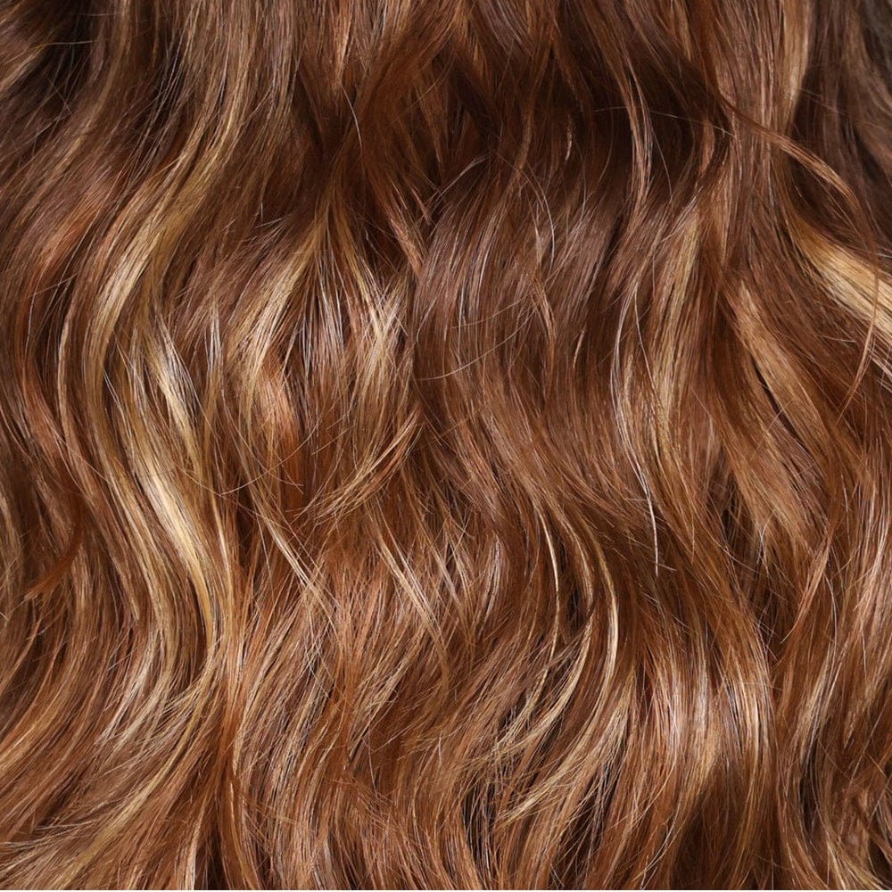 Butter Pecan Rooted | A warm blonde blend with a golden-beige base, buttery highlights, and caramel lowlights. Medium-to-dark brown roots add depth and dimension for a sun-kissed, natural look with creamy warmth and subtle contrast.