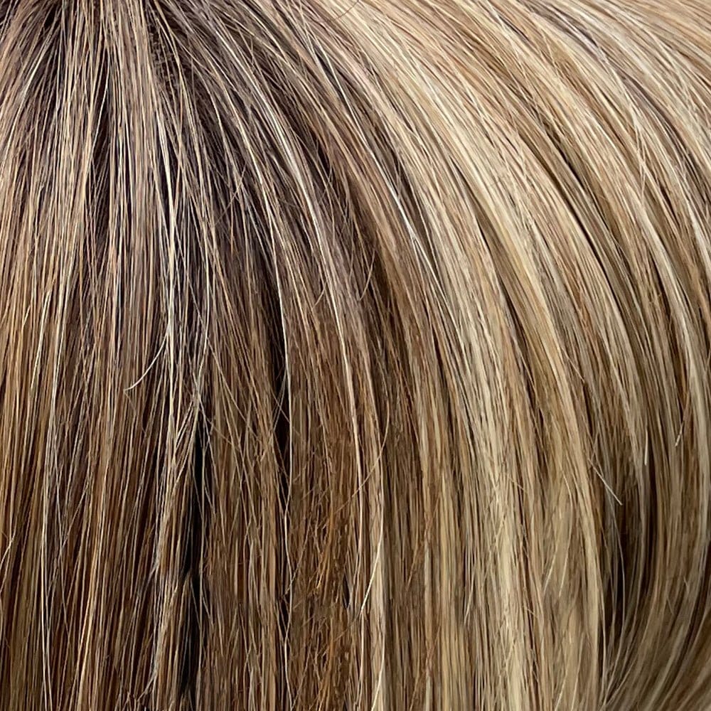 Sunkissed Almond-R | 4/27/613+8 | A combination of medium and light brown, highlighted with light gold blonde, and hint of cooler blonde, rooted with medium and light brown.