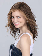 Model Wearing Tabu wig by Ellen Wille in Mocca Lighted | Left Side