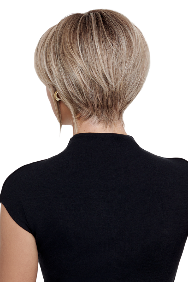 Back view of The Rogue by TressAllure, a short, layered blonde bob wig with a tapered nape and natural movement.