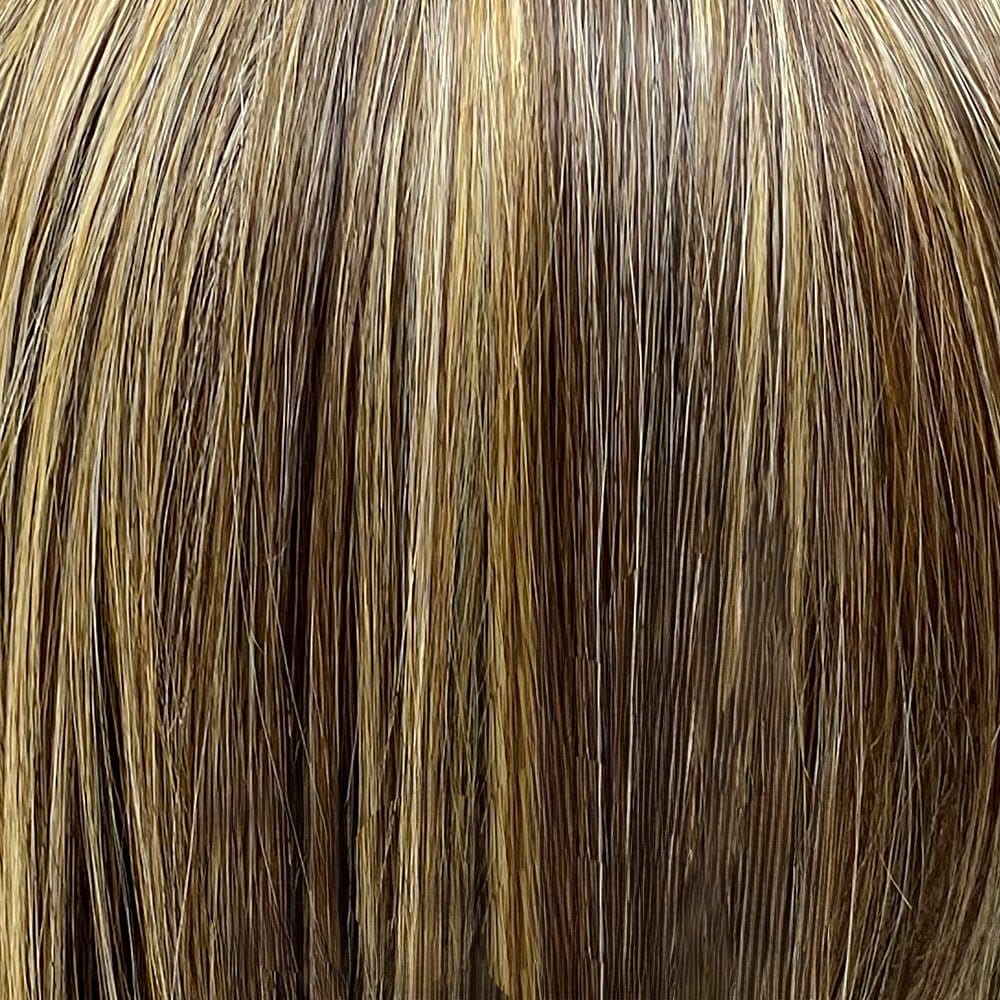Hazelnut Syrup | 6/33/613 | An unrooted, mixture of medium brown, hint of dark auburn, gold blonde, highlighted with light blonde.
