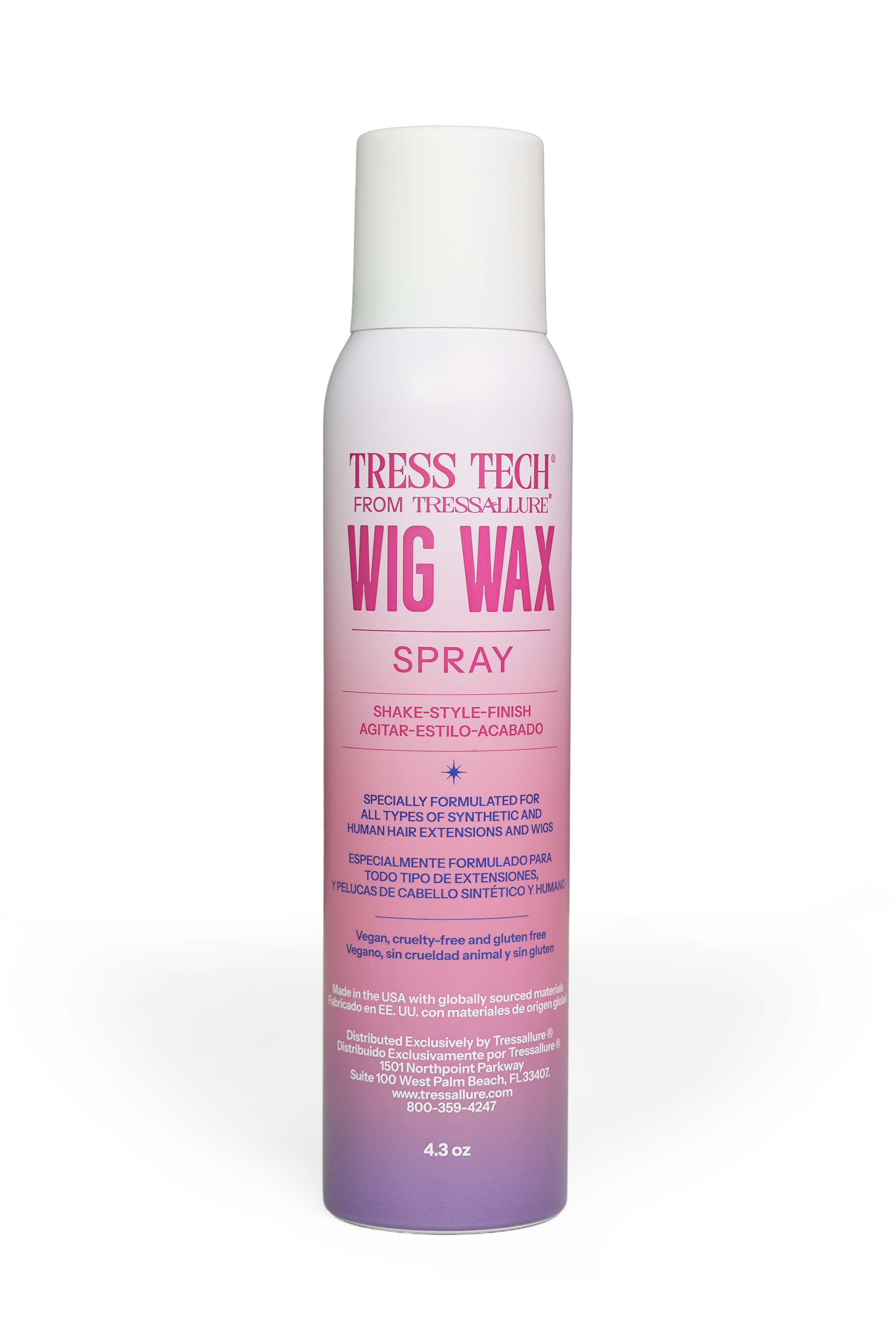 A can of Tress Tech Wig Wax Spray on a clean white background. The can is white with a pink-to-purple gradient label and a white cap.