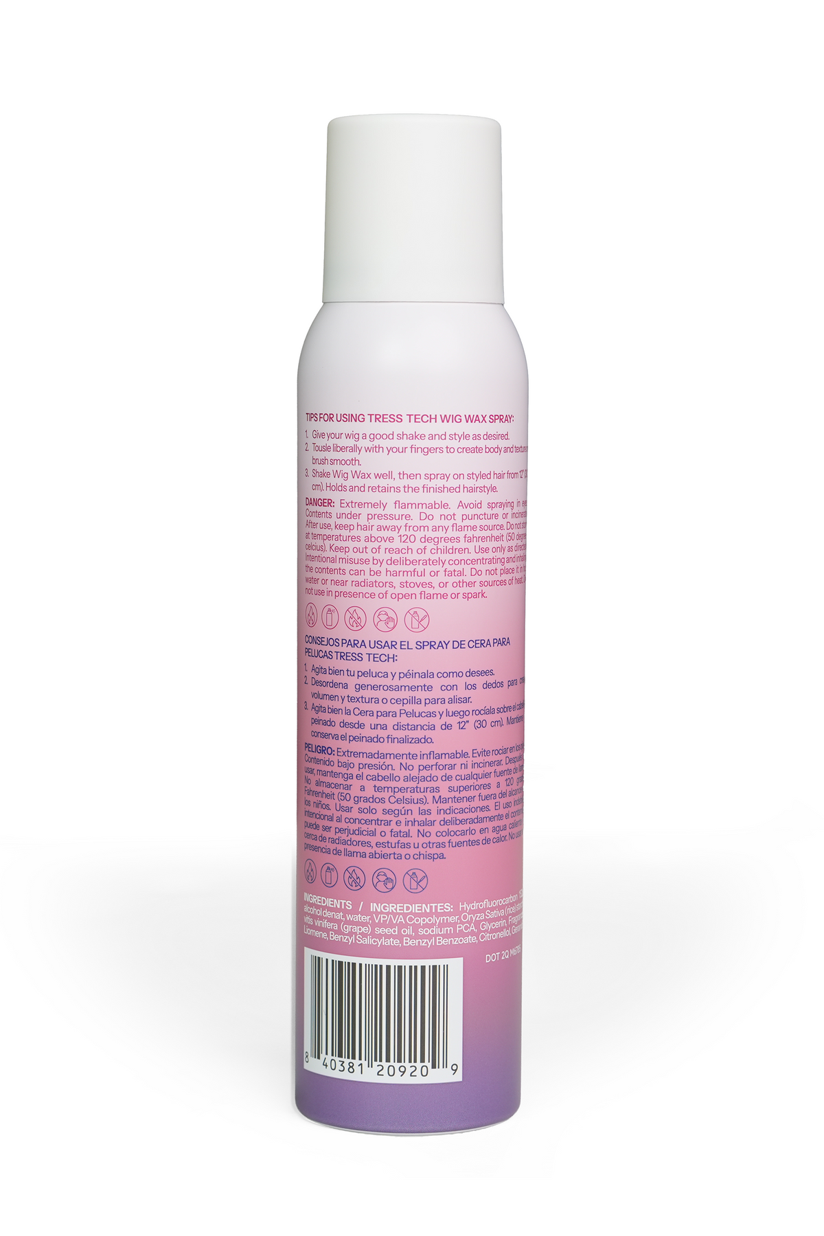 A single aerosol can of hair wax spray shown from the back on a clean white background. The can is white at the top and fades into pink and purple at the bottom, with dense pink and purple text printed on the label and a barcode near the base.