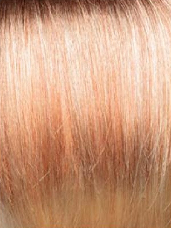 MELTED-SUNSET | Medium brown roots that melt into a peachy light brown blend layered on top of apricot blonde and intense gold blonde at nape