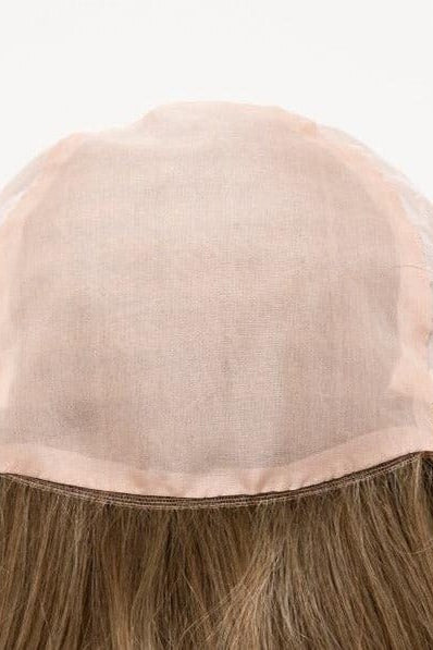 Abbey by Envy beige wig cap with brown hair on a white background - front view.