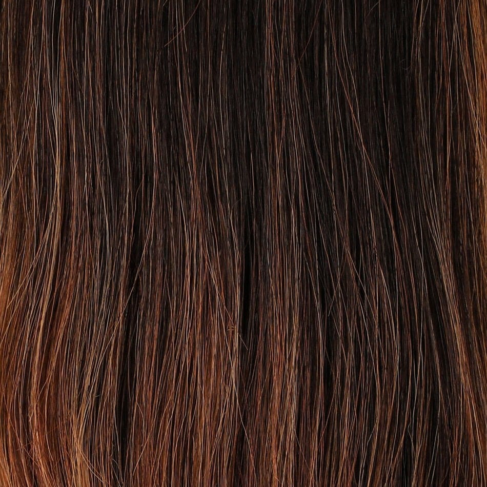 S4-28/32RO | Sunrise | Dk Brown roots to mid length, Lt Natural Red Blonde w/Med Natural Red mid length to ends