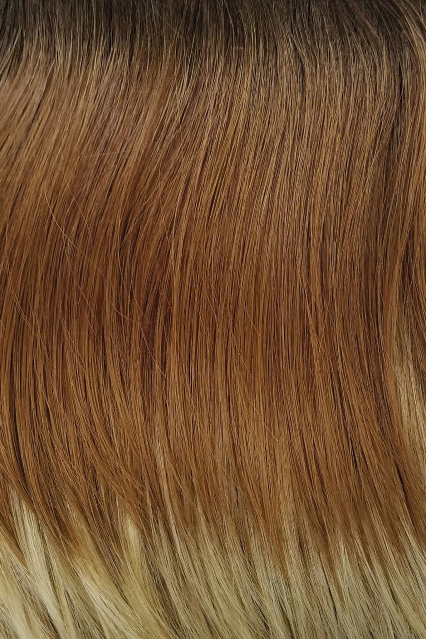Melted Coconut | Dark rich brown root with soft golden medium brown at middle and warm white ends