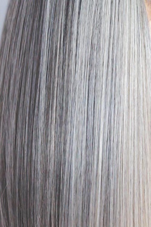 Canyon Stone | Dark brown and grey bang with salt and pepper nape